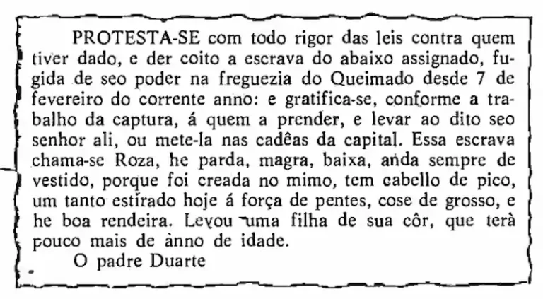 Anúncio de escravo fugido em jornal da época